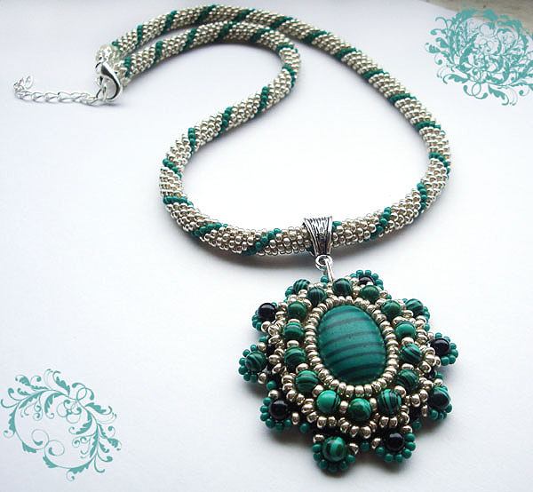 Crocheted Beads Rope- Necklace With Vintage Style, Malachite Pendant ,handmade Jewellery,beaded Jewelry