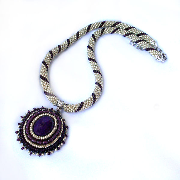 Crochet Beads Rope- Necklace Gold And Purple With Vintage Style Pendant